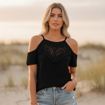 Boho Beach Hut Blouse, Short Sleeve Top, Crochet Shirt Boho Off Shoulder Crochet Knit Top Black / S