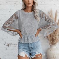 Boho Beach Hut Blouse, Short Sleeve Top, Lace Shirt Boho Embroidered Lace Blouse Gray / S
