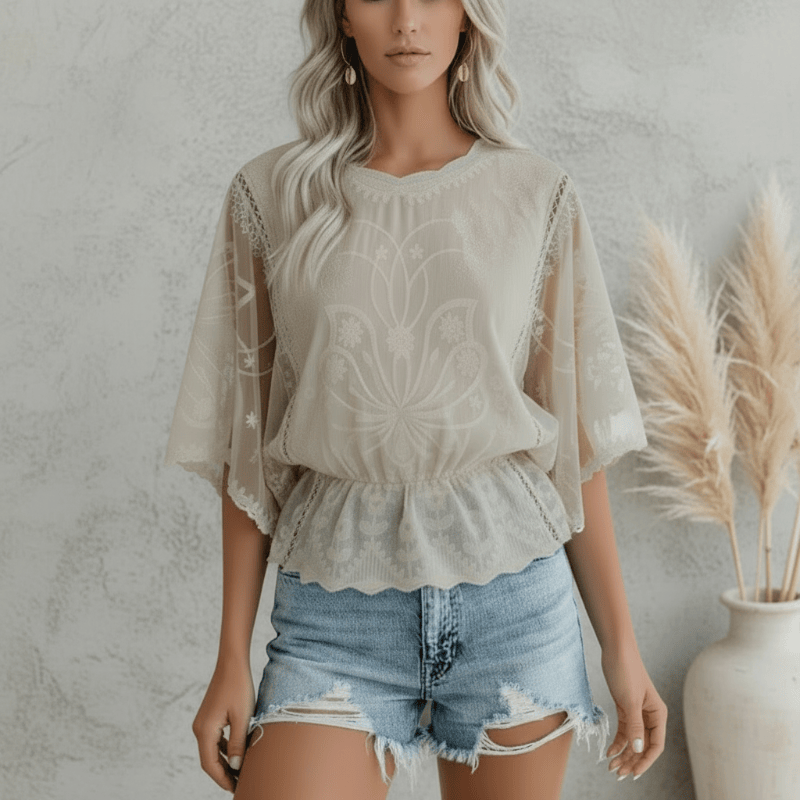 Boho Beach Hut Blouse, Short Sleeve Top, Lace Shirt Boho Embroidered Lace Blouse Khaki / S