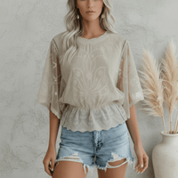 Boho Beach Hut Blouse, Short Sleeve Top, Lace Shirt Boho Embroidered Lace Blouse Khaki / S