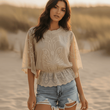 Boho Beach Hut Blouse, Short Sleeve Top, Lace Shirt Boho Embroidered Lace Blouse Khaki / S
