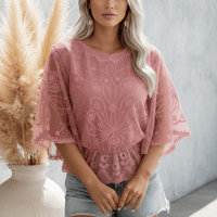 Boho Beach Hut Blouse, Short Sleeve Top, Lace Shirt Boho Embroidered Lace Blouse Pink / S