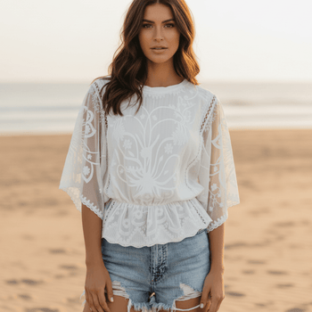 Boho Beach Hut Blouse, Short Sleeve Top, Lace Shirt Boho Embroidered Lace Blouse White / S