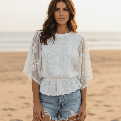 Boho Beach Hut Blouse, Short Sleeve Top, Lace Shirt Boho Embroidered Lace Blouse White / S