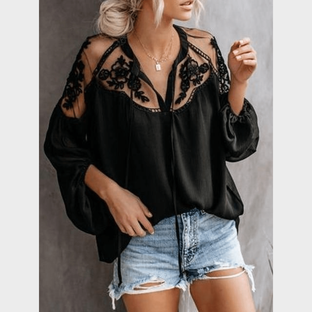 Boho Beach Hut Blouses & Shirts Bohemian Lace Long Sleeve Blouse Black / S
