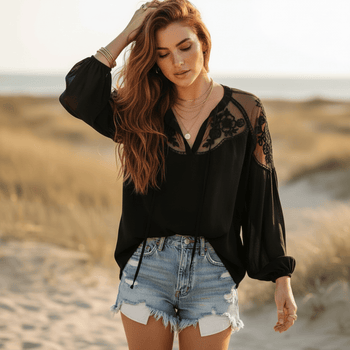 Boho Beach Hut Blouses & Shirts Bohemian Lace Long Sleeve Blouse Black / S