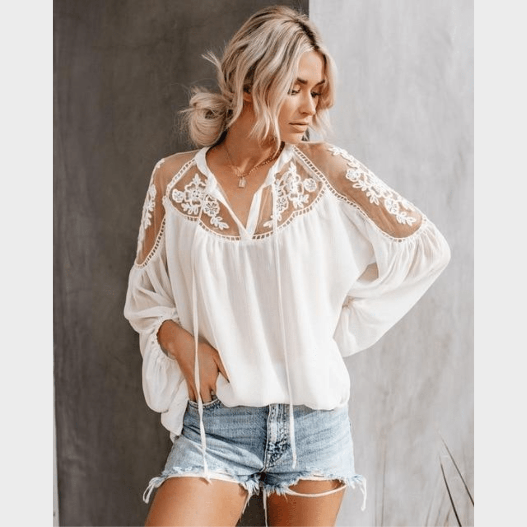 Boho Beach Hut Blouses & Shirts Bohemian Lace Long Sleeve Blouse White / S