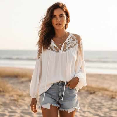 Boho Beach Hut Blouses & Shirts Bohemian Lace Long Sleeve Blouse White / S