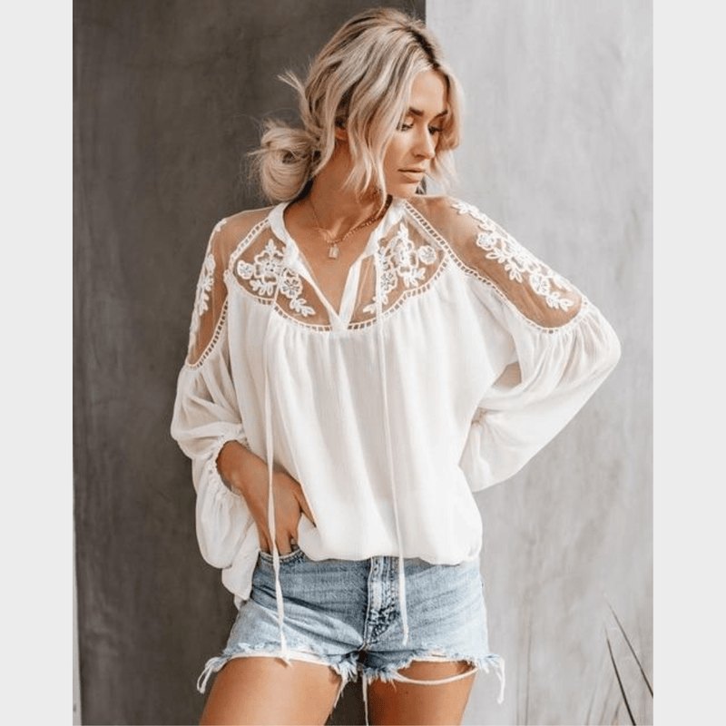 Boho Beach Hut Blouses & Shirts Bohemian Lace Long Sleeve Blouse White / S