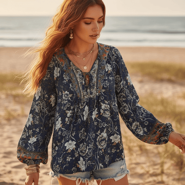 Boho Beach Hut Blouses & Shirts Boho Chic Floral Blouse Blue / S