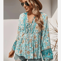 Boho Beach Hut Blouses & Shirts Boho Chic Floral Blouse Green / S