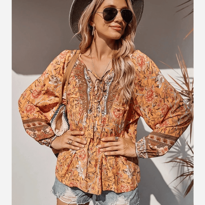 Boho Beach Hut Blouses & Shirts Boho Chic Floral Blouse Orange / S