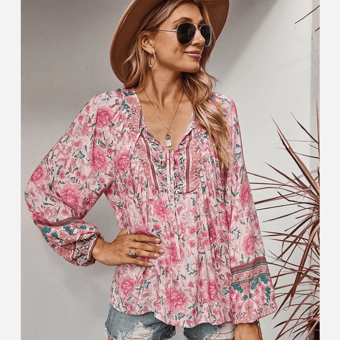 Boho Beach Hut Blouses & Shirts Boho Chic Floral Blouse Pink / S