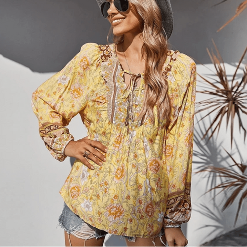 Boho Beach Hut Blouses & Shirts Boho Chic Floral Blouse Yellow / S