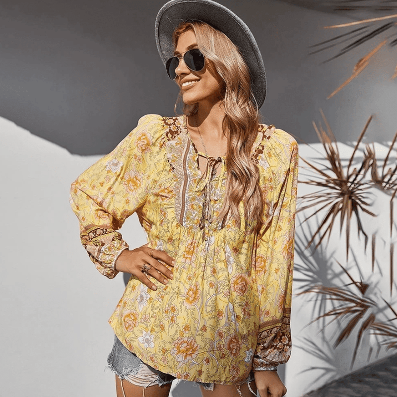 Boho Beach Hut Blouses & Shirts Boho Chic Floral Blouse Yellow / S