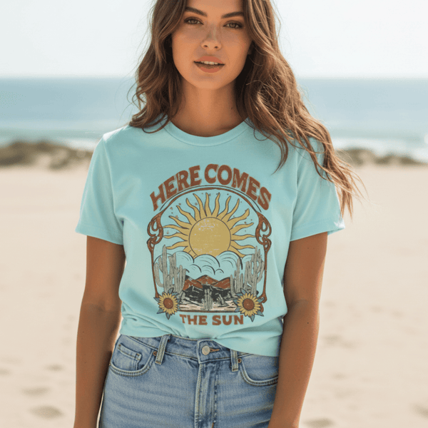 Boho Beach Hut Blouses & Shirts Boho “Here Comes The Sun” Graphic Tee Blue / S