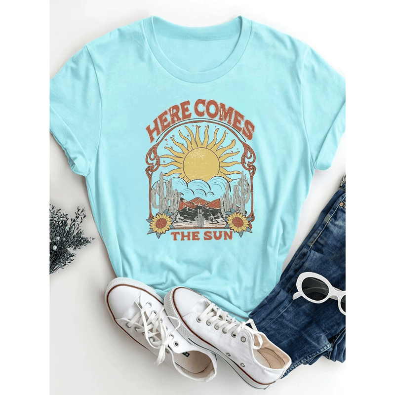 Boho Beach Hut Blouses & Shirts Boho “Here Comes The Sun” Graphic Tee Blue / S