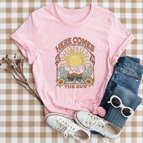 Boho Beach Hut Blouses & Shirts Boho “Here Comes The Sun” Graphic Tee Pink / S