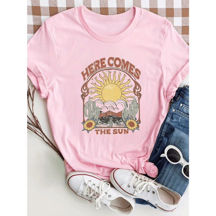 Boho Beach Hut Blouses & Shirts Boho “Here Comes The Sun” Graphic Tee Pink / S