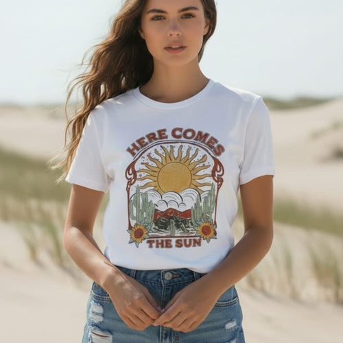 Boho Beach Hut Blouses & Shirts Boho “Here Comes The Sun” Graphic Tee White / S