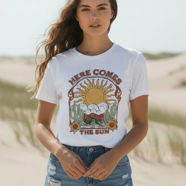 Boho Beach Hut Blouses & Shirts Boho “Here Comes The Sun” Graphic Tee White / S