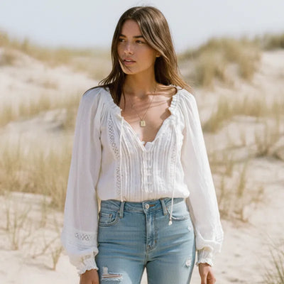 Boho Beach Hut Blouses & Shirts Boho Vintage White Long Sleeve Blouse White / S