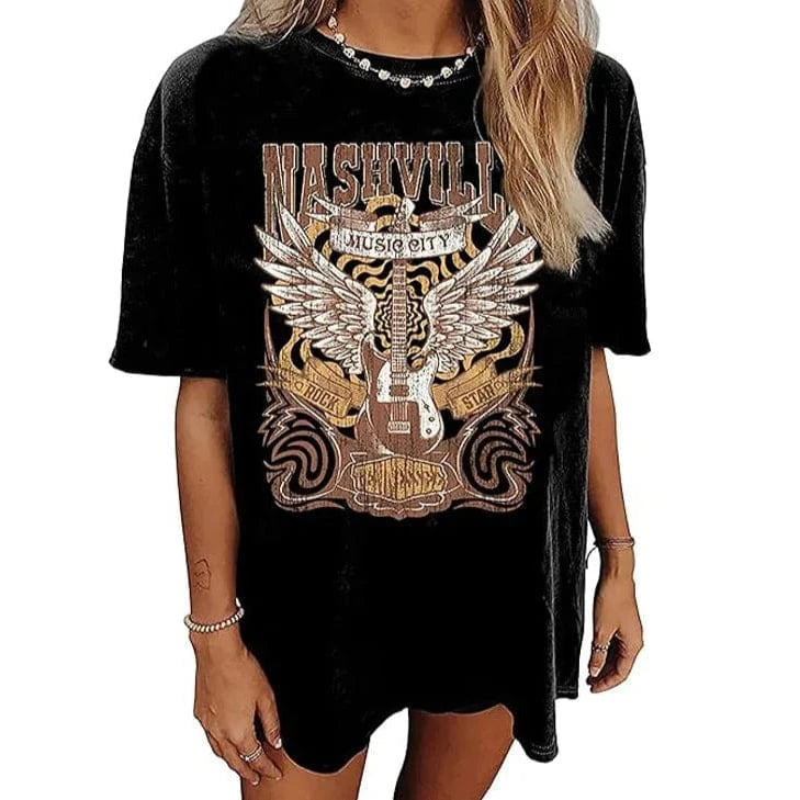 Boho Beach Hut Blouses & Shirts Country Music Nashville Print Shirt Black / S