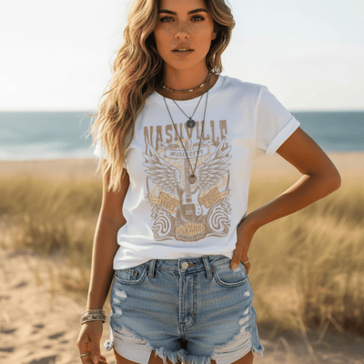Boho Beach Hut Blouses & Shirts Country Music Nashville Print Shirt White / XS