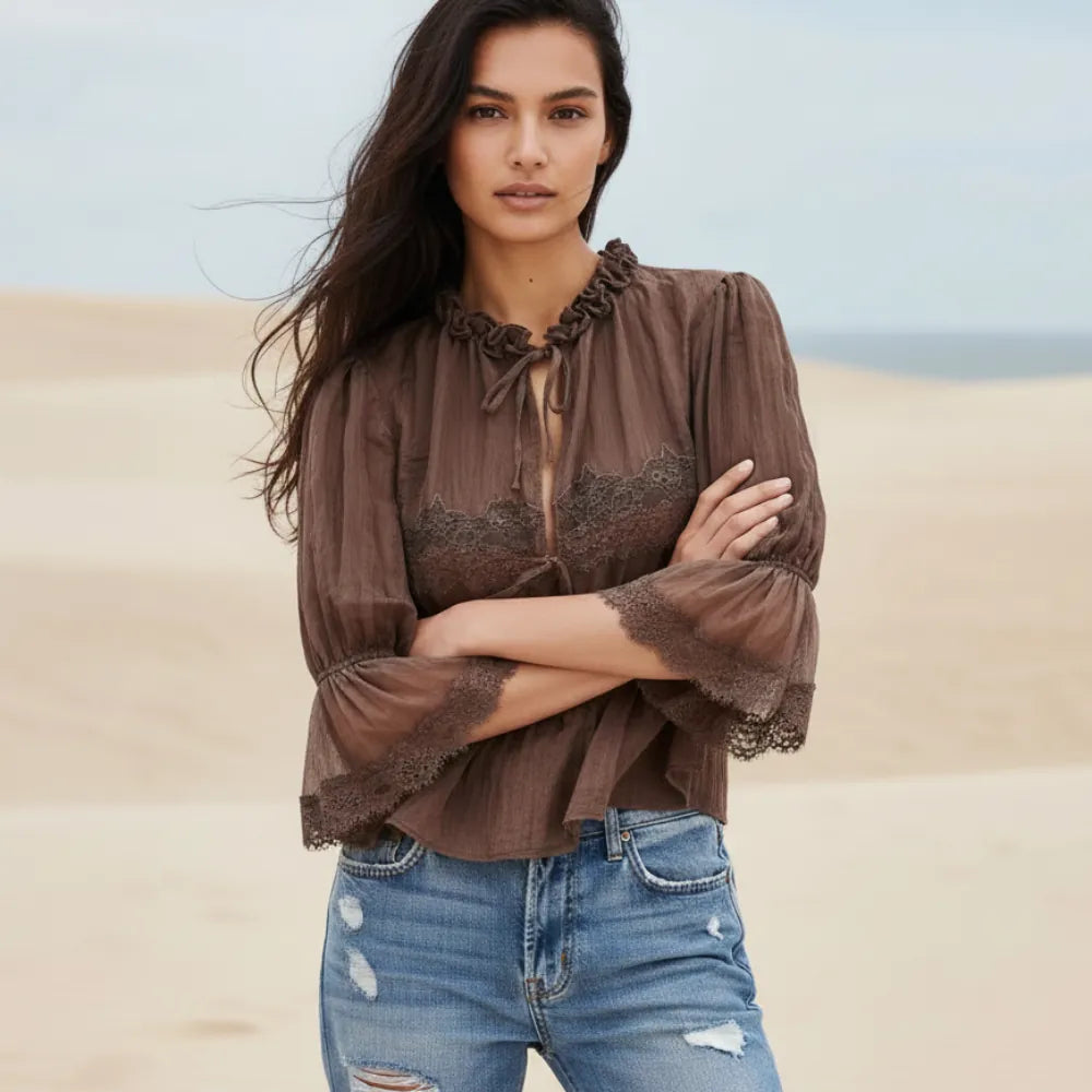 Boho Babydoll Top | Lace Long Sleeve Blouse for Women