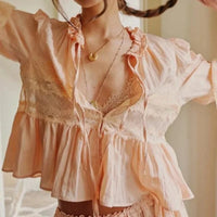 Boho Beach Hut Blouses & Shirts Lace Frilly Boho Babydoll Blouse Champagne / S