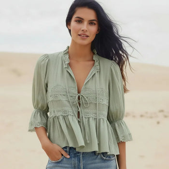 Boho Beach Hut Blouses & Shirts Lace Frilly Boho Babydoll Blouse Green / S