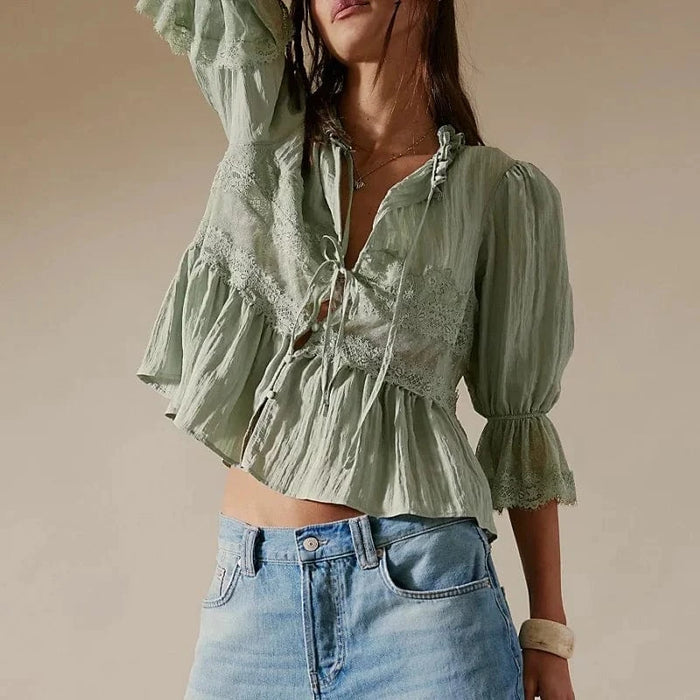 Boho Beach Hut Blouses & Shirts Lace Frilly Boho Babydoll Blouse Green / S