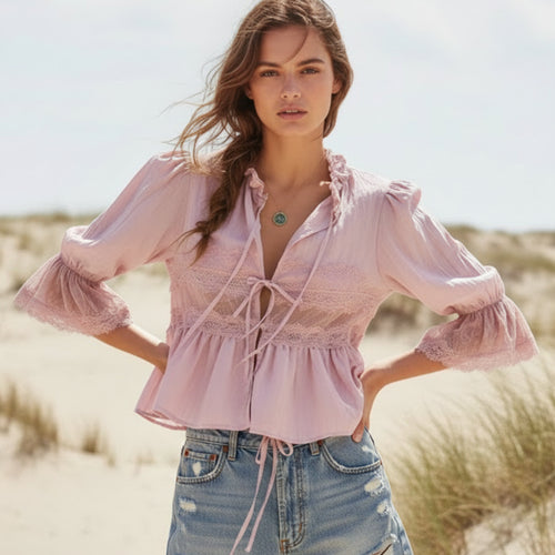 Boho Beach Hut Blouses & Shirts Lace Frilly Boho Babydoll Blouse Pink / S