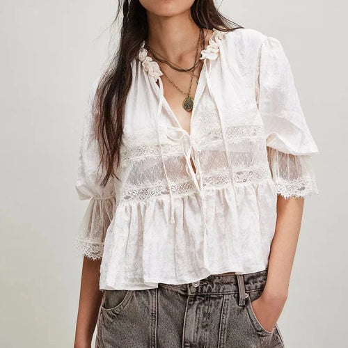Boho Beach Hut Blouses & Shirts Lace Frilly Boho Babydoll Blouse White / S