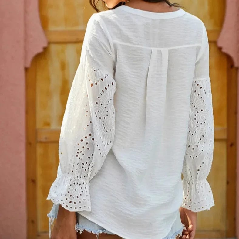 Boho Beach Hut Blouses & Shirts White Long Sleeve Lace Boho Blouse