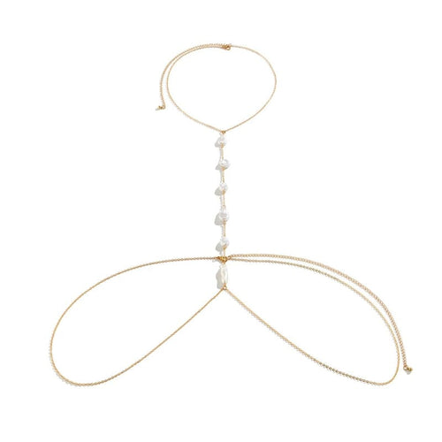 Boho Beach Hut Body Jewelry, Belly Chain Boho Pearl Cross Chest Body Chain Gold / One Size