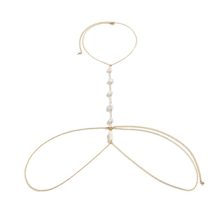 Boho Beach Hut Body Jewelry, Belly Chain Boho Pearl Cross Chest Body Chain Gold / One Size