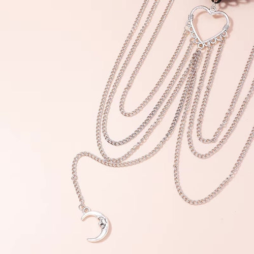 Boho Beach Hut Body Jewelry, Leg Jewelry, Thigh Jewelry, Beach Jewelry Boho Moon & Heart Tassel Leg Chain Silver / One Size