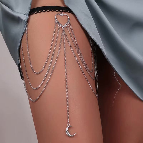 Boho Beach Hut Body Jewelry, Leg Jewelry, Thigh Jewelry, Beach Jewelry Boho Moon & Heart Tassel Leg Chain Silver / One Size