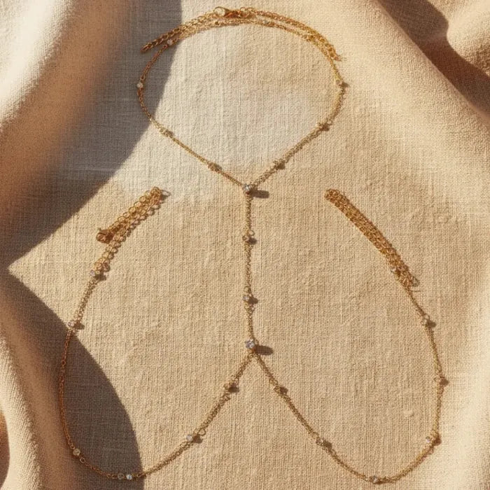 Boho Beach Hut Body Jewelry, Necklace Cross Bra Chain, Body Chain Rhinestone Cross Bra Chain