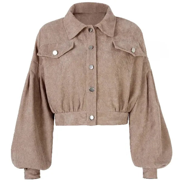 Khaki boho cropped corduroy jacket with lantern sleeves and button front