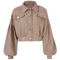 Khaki boho cropped corduroy jacket with lantern sleeves and button front