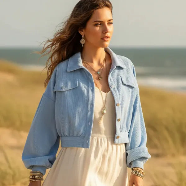 Woman wearing a light blue boho cropped corduroy jacket with lantern sleeves and button front
