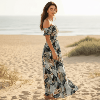Boho Beach Hut Boho Dress, Beach Dress, Summer Dress, Maxi Dress, Chic Dress, Long Dress, Below knee dress, red dress, burgundy dress, blue dress, plus size dress, floral dress, strapless dress, sleeveless dress Boho Off Shoulder Colorful Floral Maxi Dress