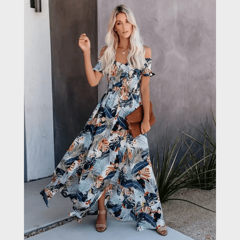 Boho Beach Hut Boho Dress, Beach Dress, Summer Dress, Maxi Dress, Chic Dress, Long Dress, Below knee dress, red dress, burgundy dress, blue dress, plus size dress, floral dress, strapless dress, sleeveless dress Boho Off Shoulder Colorful Floral Maxi Dress