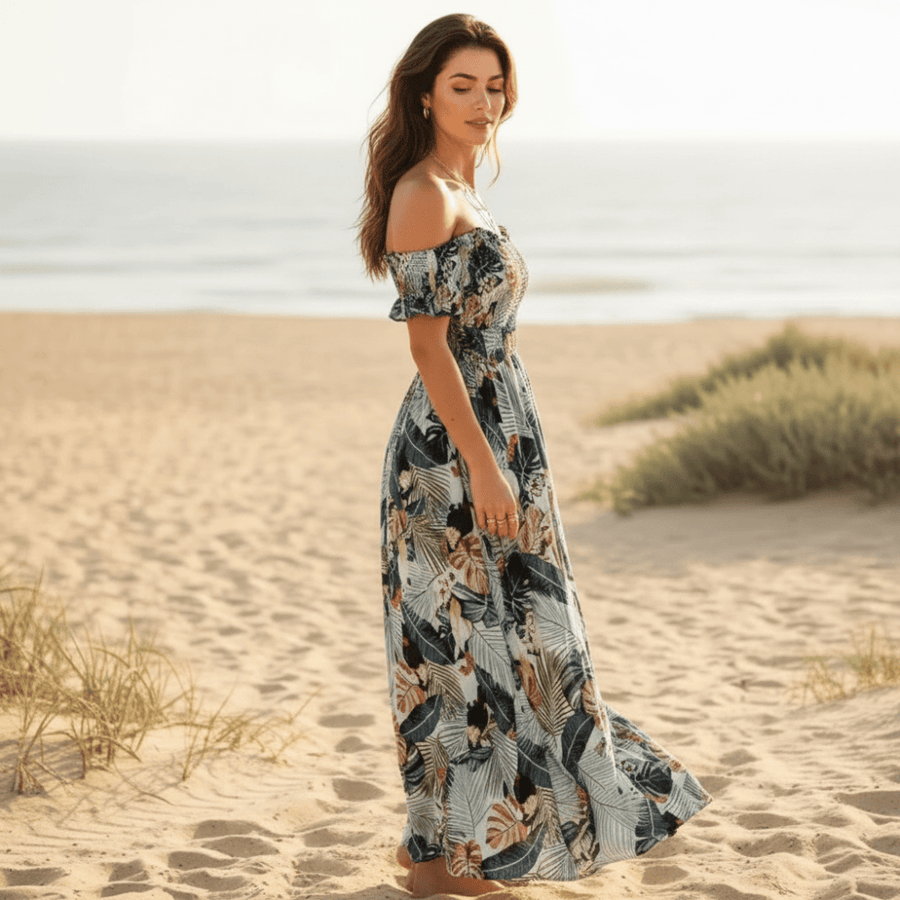 Boho Off Shoulder Floral Maxi Dress – Blue Strapless Summer Dress in Dark Blue | Women's Boho Fashion | XL