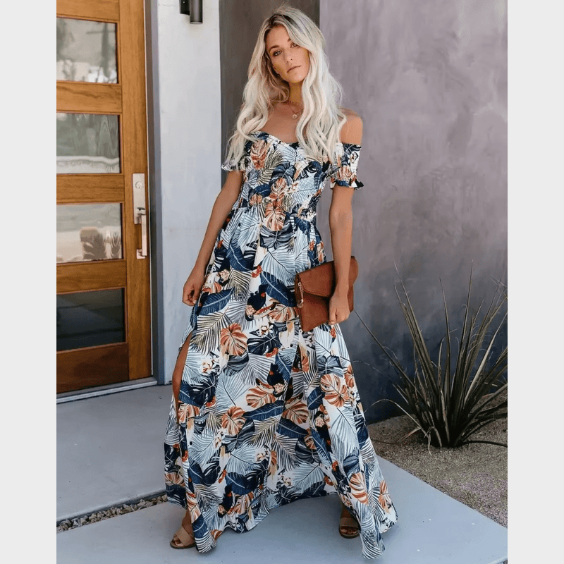 Boho Beach Hut Boho Dress, Beach Dress, Summer Dress, Maxi Dress, Chic Dress, Long Dress, Below knee dress, red dress, burgundy dress, blue dress, plus size dress, floral dress, strapless dress, sleeveless dress Boho Off Shoulder Colorful Floral Maxi Dress Dark Blue / S