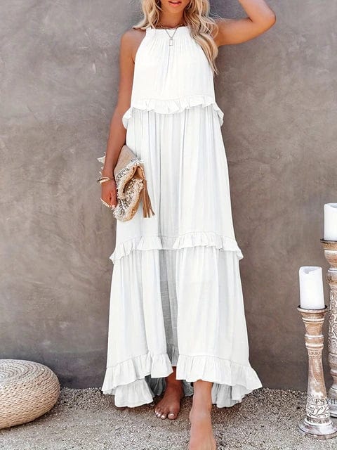 Boho Beach Hut Boho Dress, Beach Dress, Summer Dress, Maxi Dress, Chic Dress, Long Dress, Below knee dress, Sun Dress Boho Ruffle Pullover Summer Maxi Dress White / S