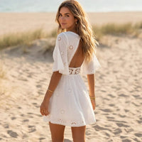 Back of a flowy white backless mini dress with a keyhole open back, floral eyeylets and short sleeves.