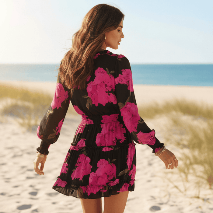Boho Beach Hut Boho Dress, Summer Dress, Mini Dress Floral Print Long Sleeve Mini Dress